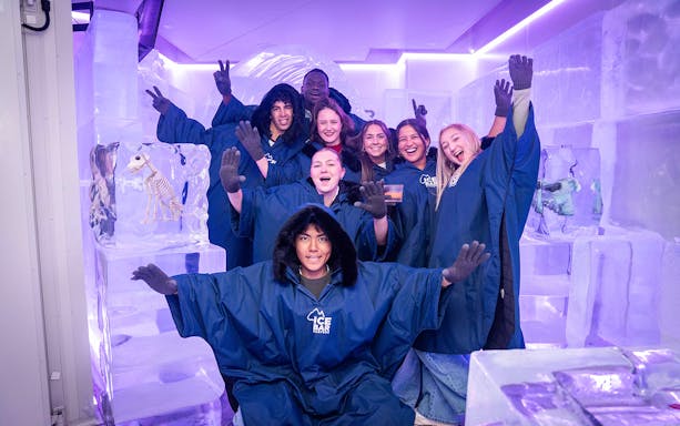 Group enjoying IceBar Surfers Paradise in winter coats, surrounded by ice sculptures.