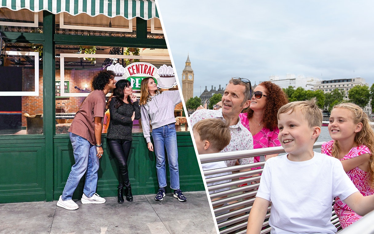 Visitors at Central Perk set and family on London sightseeing cruise with Big Ben in view.
