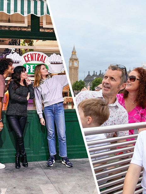 Visitors at Central Perk set and family on London sightseeing cruise with Big Ben in view.