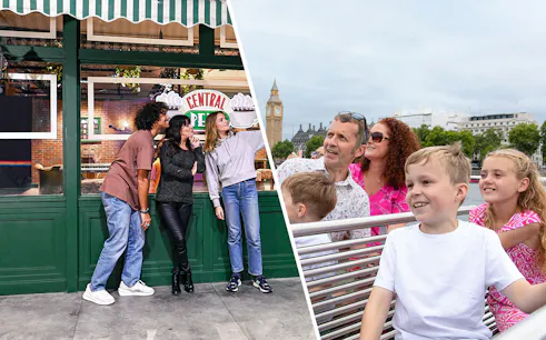 Visitors at Central Perk set and family on London sightseeing cruise with Big Ben in view.