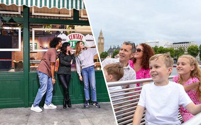 Visitors at Central Perk set and family on London sightseeing cruise with Big Ben in view.