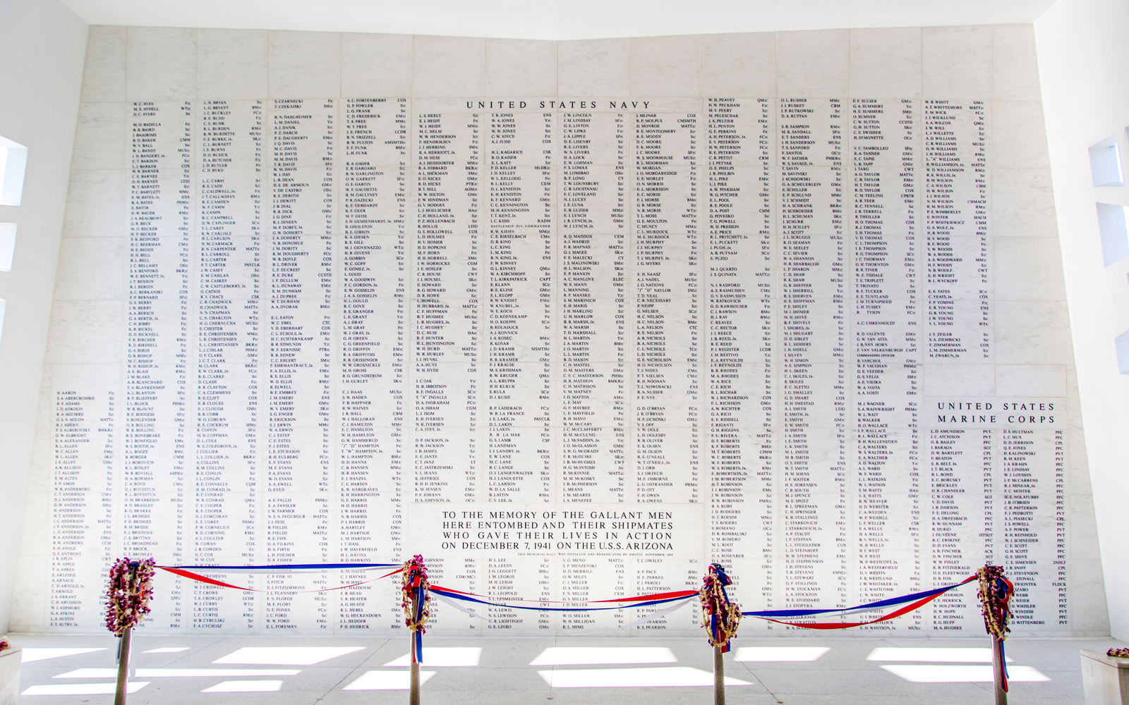USS Arizona Memorial Wall honoring fallen servicemen from December 7, 1941, Pearl Harbor attack.