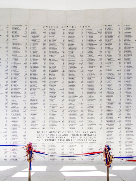USS Arizona Memorial Wall honoring fallen servicemen from December 7, 1941, Pearl Harbor attack.