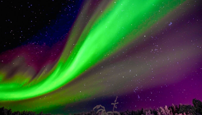 Northern Lights over snowy Rovaniemi landscape with silhouetted trees.