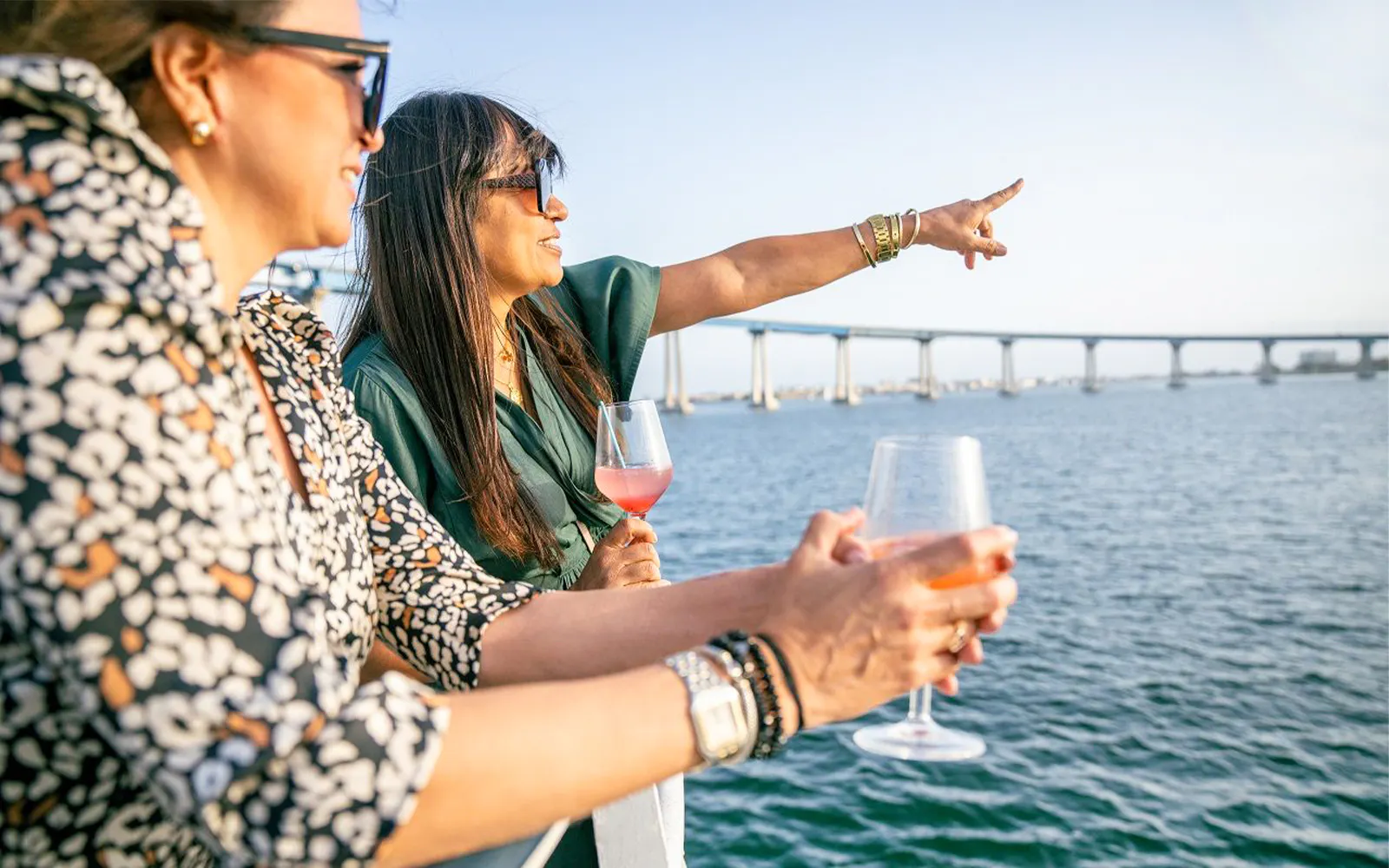 Guests enjoying the view on San Diego Premier Dinner Cruise with Coronado Bridge in background.