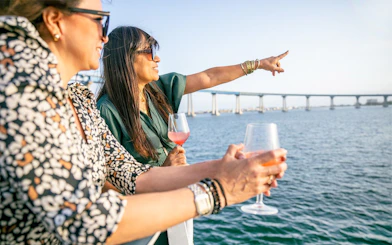 Guests enjoying the view on San Diego Premier Dinner Cruise with Coronado Bridge in background.