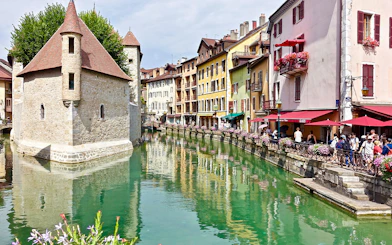 Canal view with historic buildings in Annecy, France, near Geneva.