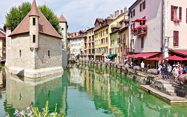 Canal view with historic buildings in Annecy, France, near Geneva.
