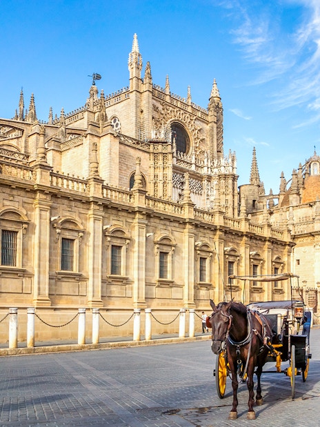 Seville Cathedral exterior with horse-drawn carriages on the street.