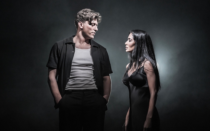 Two actors in dramatic scene on Sunset Boulevard stage.