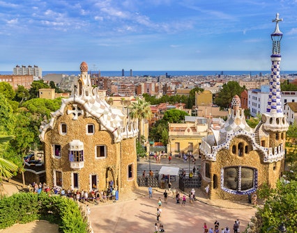 Park Guell entrance with Porter's Lodge pavilions in Barcelona, Spain.