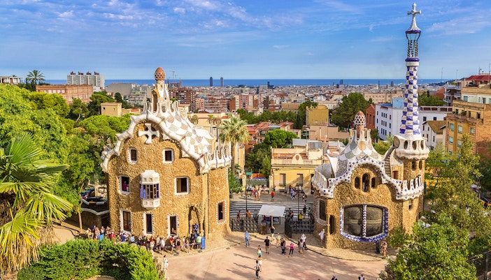 Park Guell entrance with Porter's Lodge pavilions in Barcelona, Spain.