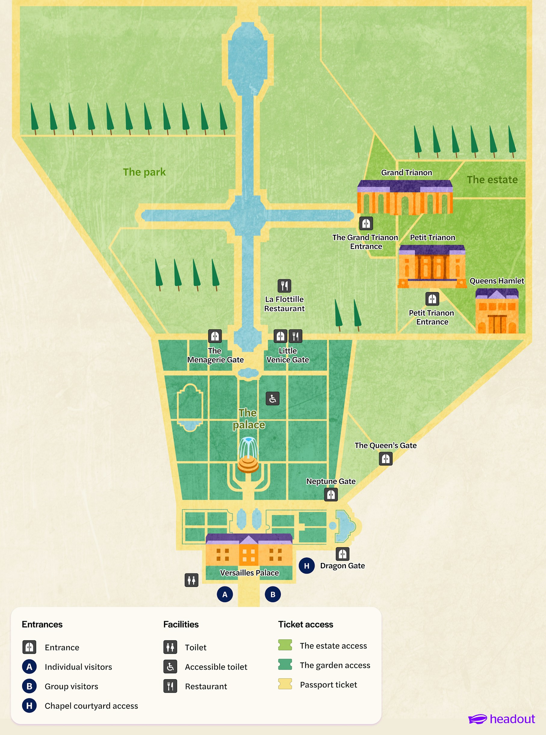 Palace of Versailles map showing entrances, gardens, and Trianon estates.
