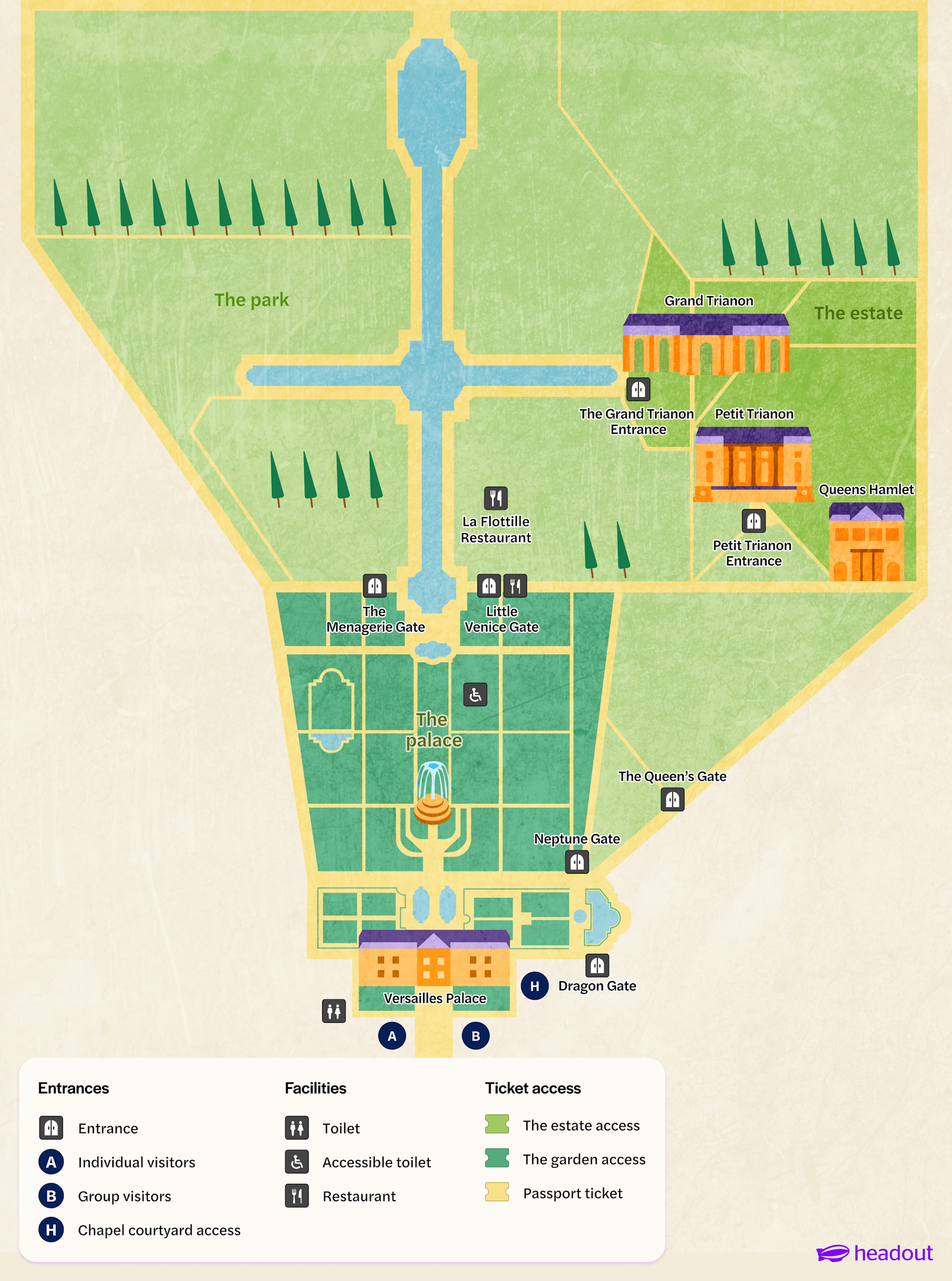 Palace of Versailles map showing entrances, gardens, and Trianon estates.