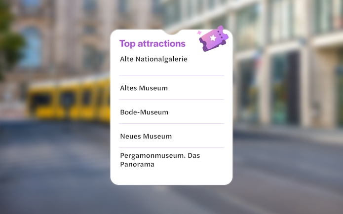Top Berlin attractions list with museums and blurred city background.