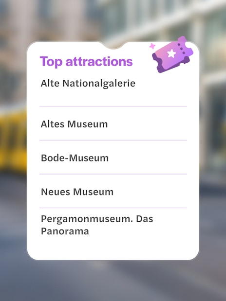 Top Berlin attractions list with museums and blurred city background.
