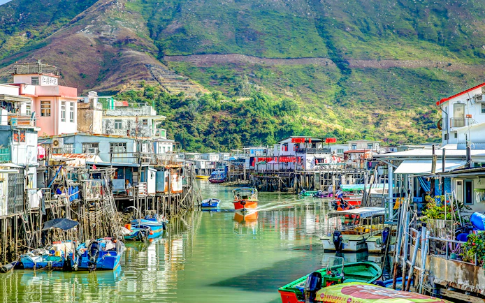 Waterways and stilt houses in Tai O village, Hong Kong.