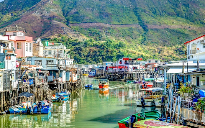 Waterways and stilt houses in Tai O village, Hong Kong.