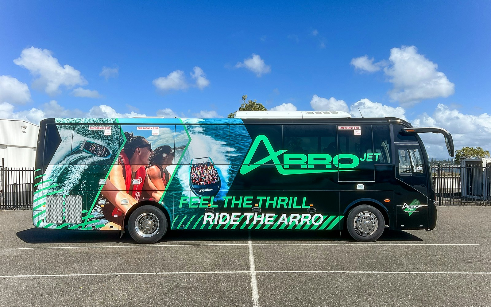 Arro Jet bus with vibrant graphics parked on the Gold Coast.
