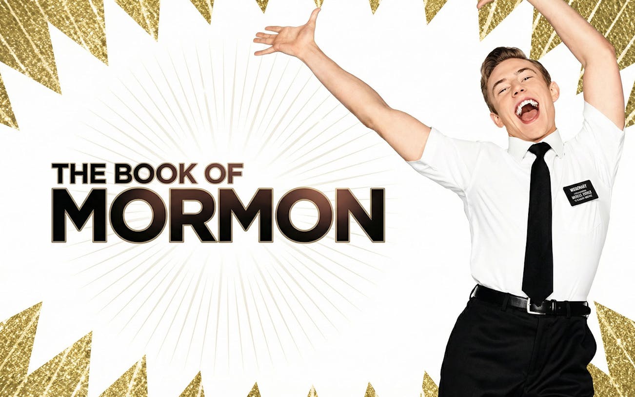 The Book of Mormon musical poster with a joyful performer.