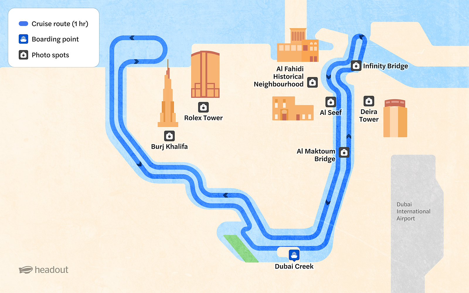 Dhow cruise route map featuring Burj Khalifa, Al Fahidi, and Dubai Creek boarding point.