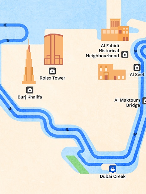 Dhow cruise route map featuring Burj Khalifa, Al Fahidi, and Dubai Creek boarding point.