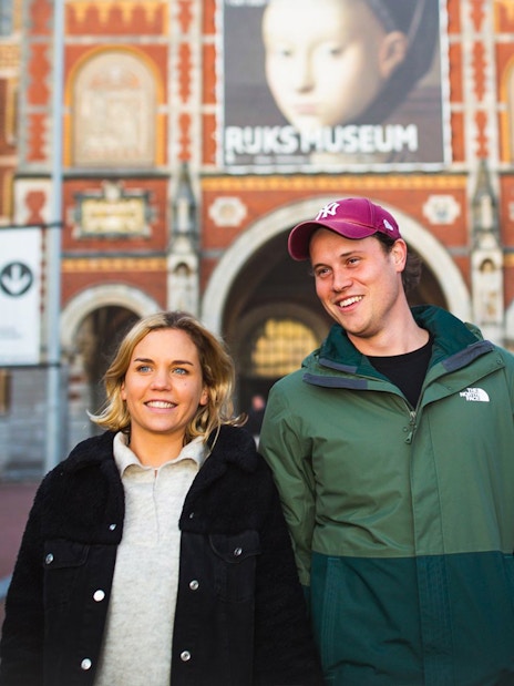 Visitors outside the Rijksmuseum in Amsterdam during a professional photoshoot.