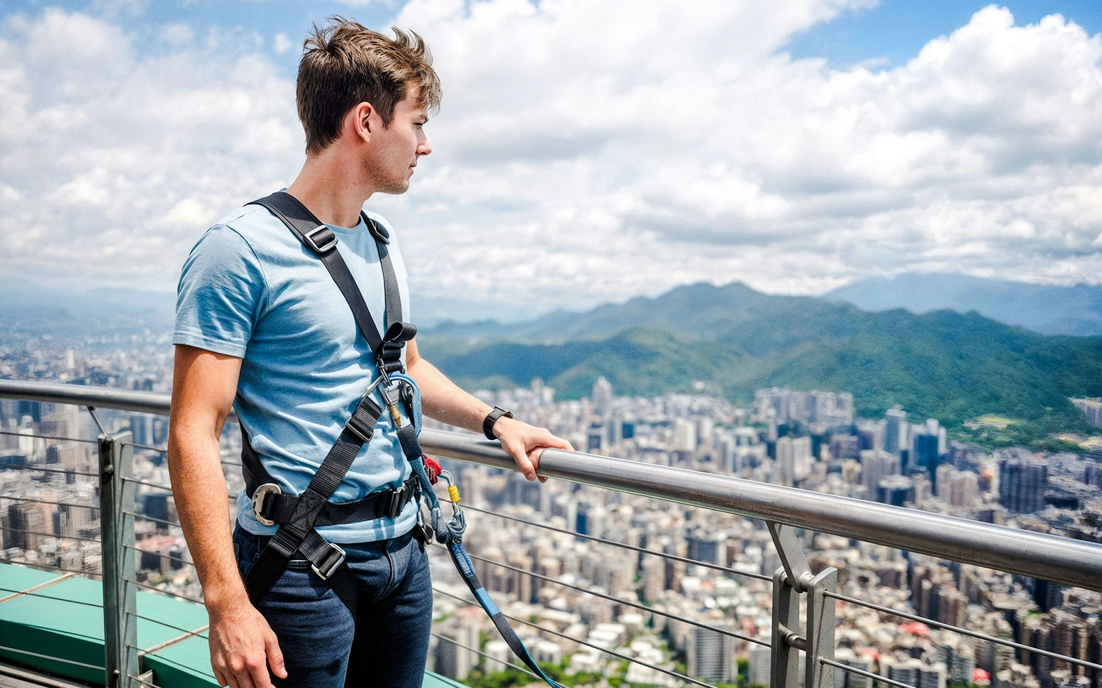 Man on Taipei 101 observation deck with cityscape and mountains in background.