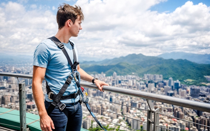 Man on Taipei 101 observation deck with cityscape and mountains in background.