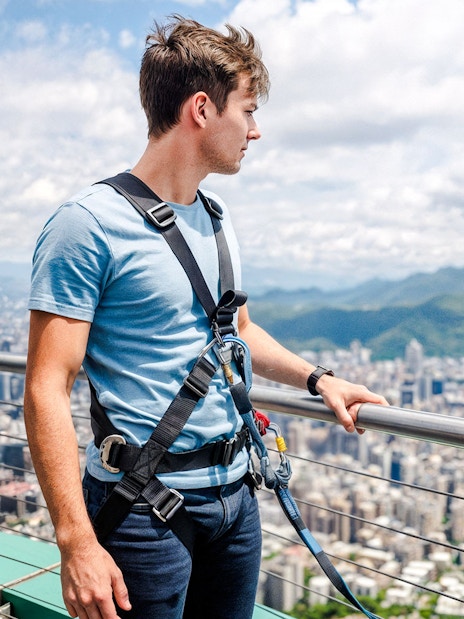 Man on Taipei 101 observation deck with cityscape and mountains in background.