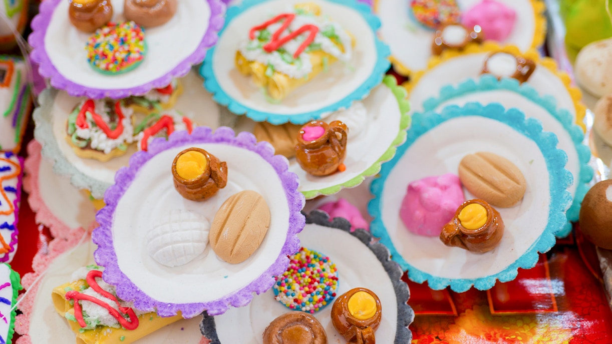 Colorful sugar candies for Day of the Dead celebration in Mexico.