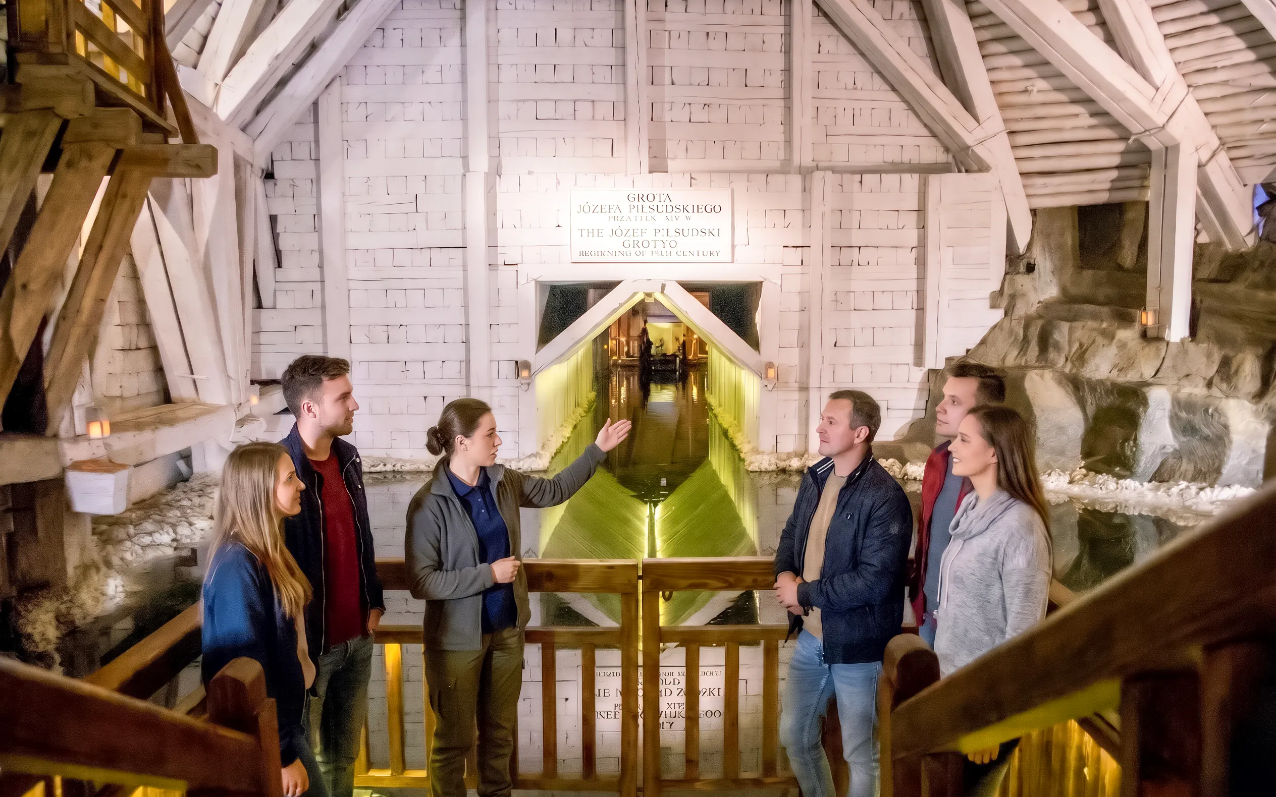 Tour group with guide inside Wieliczka Salt Mine, Krakow, near underground lake.