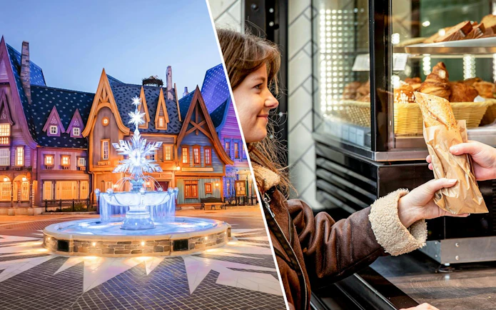 Disneyland Paris fountain and guest receiving snack at Rosalie’s Snack & Go.