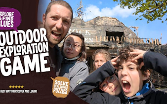 Vienna Prater exploration game with family solving puzzles outdoors.