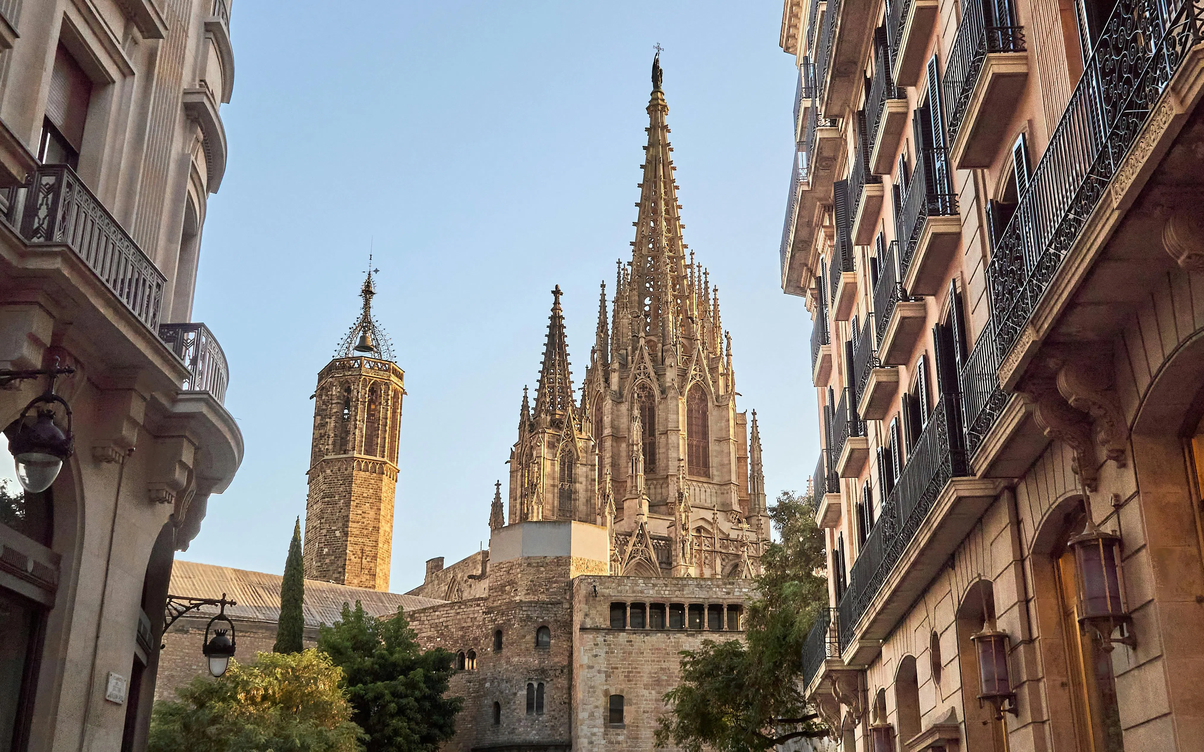 Barcelona Cathedral spires in Gothic Quarter, Barcelona, Catalonia, Spain.