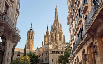 Barcelona Cathedral spires in Gothic Quarter, Barcelona, Catalonia, Spain.