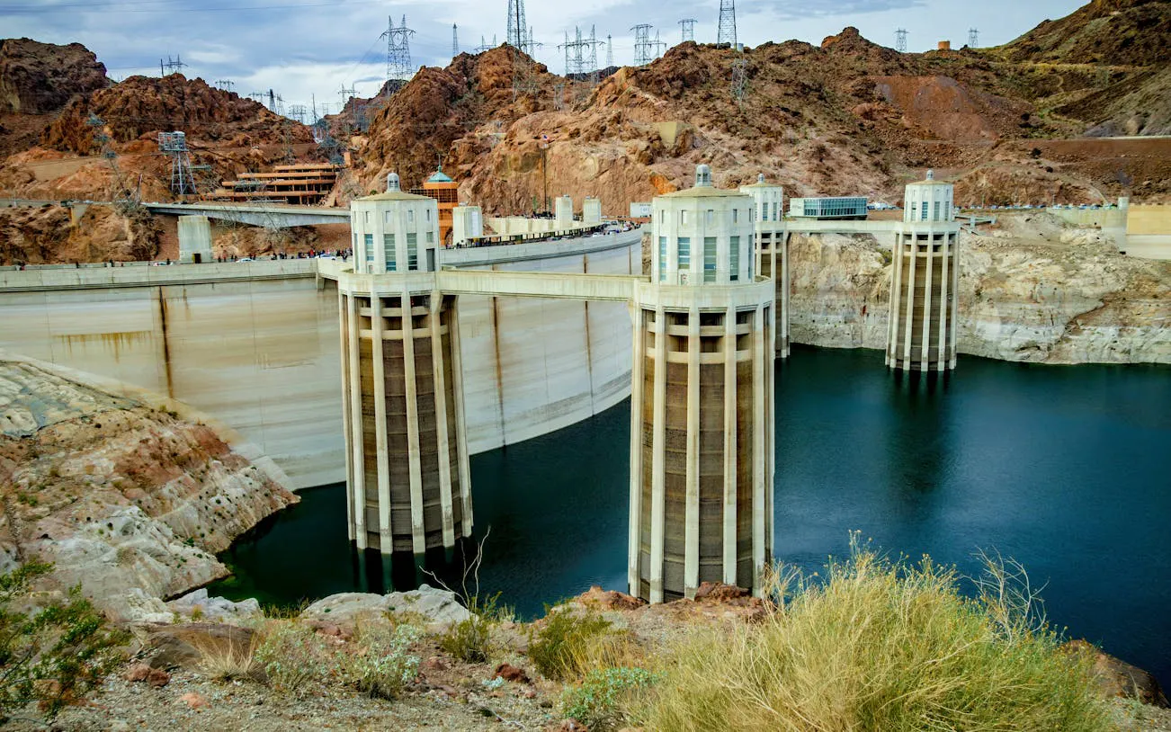 Hoover Dam with surrounding rocky landscape near Las Vegas.