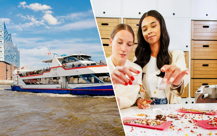 Harbor tour boat near Elbphilharmonie, Hamburg; friends decorating chocolate at Chocoversum, Hamburg.