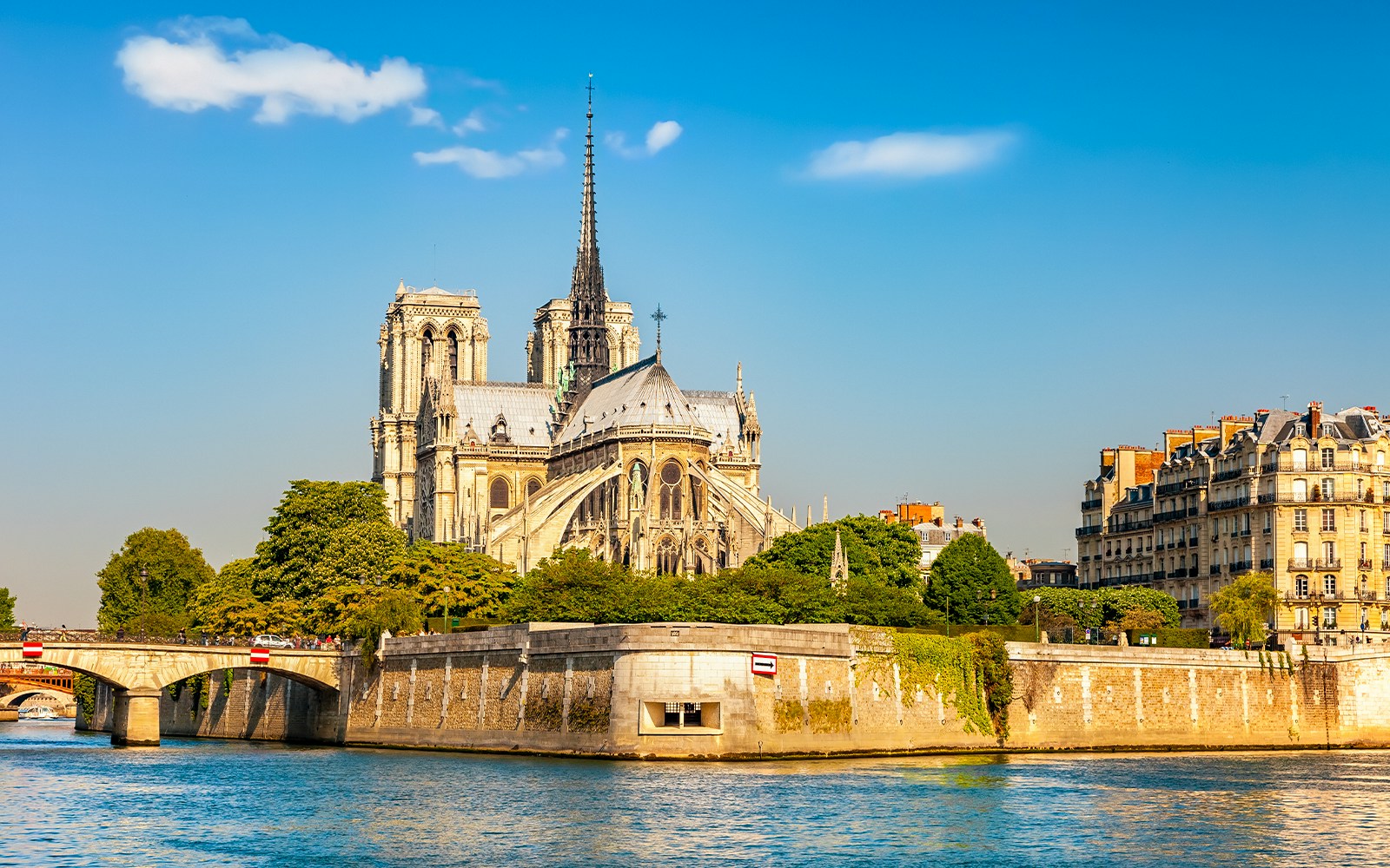 Notre Dame Cathedral facade on Ile de la Cite, Paris, France, during a walking tour.