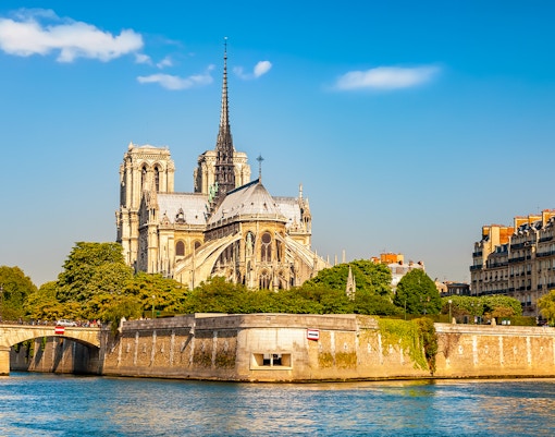 Notre Dame Cathedral view from Seine River cruise, Paris.