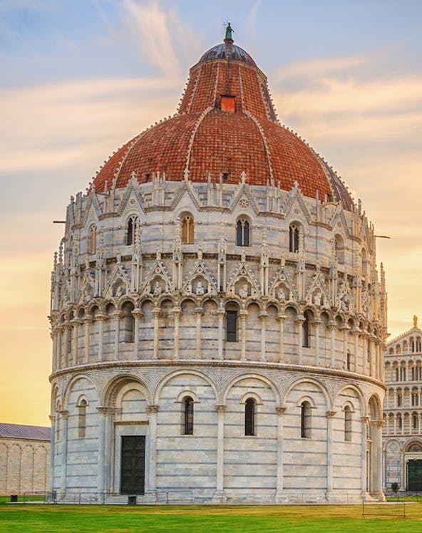 Battistero di San Giovanni in Pisa, Italy, with its distinctive dome and intricate facade.