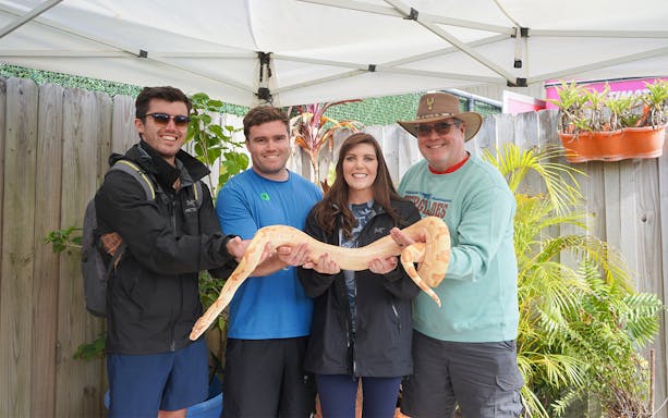 Group holding a large snake during Holiday Park animal encounter experience.
