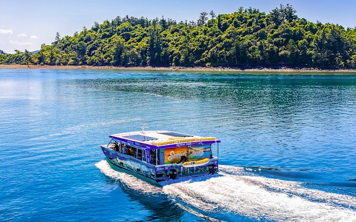 Glass bottom boat cruising near lush island at Airlie Beach.