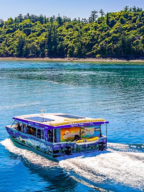 Glass bottom boat cruising near lush island at Airlie Beach.