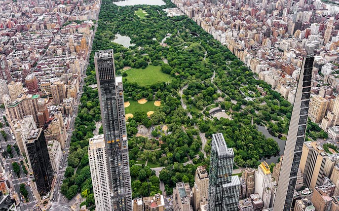 Aerial view of Central Park and Manhattan skyline, NYC tour from Westchester.