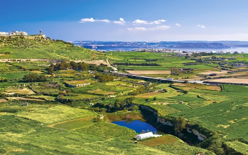 Gozo countryside with terraced fields and distant sea view on a guided tour.
