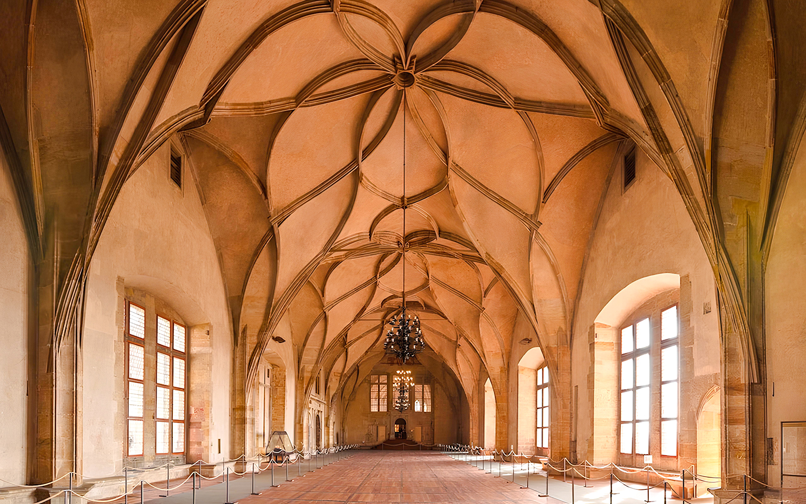 Vladislav Hall's vaulted ceiling in the Old Royal Palace, Prague Castle.