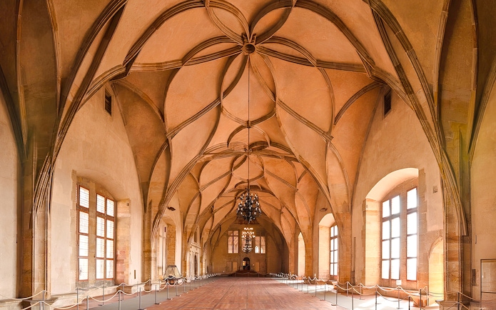 Vladislav Hall's vaulted ceiling in the Old Royal Palace, Prague Castle.