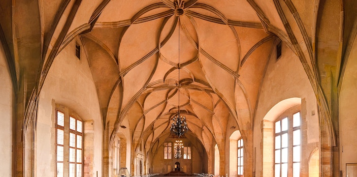 Vladislav Hall's vaulted ceiling in the Old Royal Palace, Prague Castle.