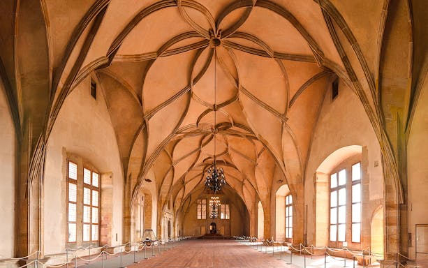 Vladislav Hall's vaulted ceiling in the Old Royal Palace, Prague Castle.